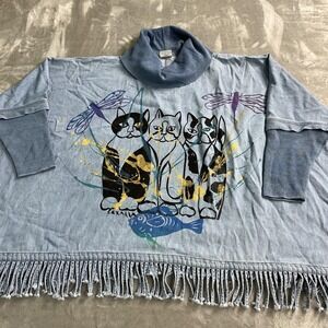 Vintage CMC Tunic Top Womens One Size Blue Cat Dragonfly Fringe Denim Art